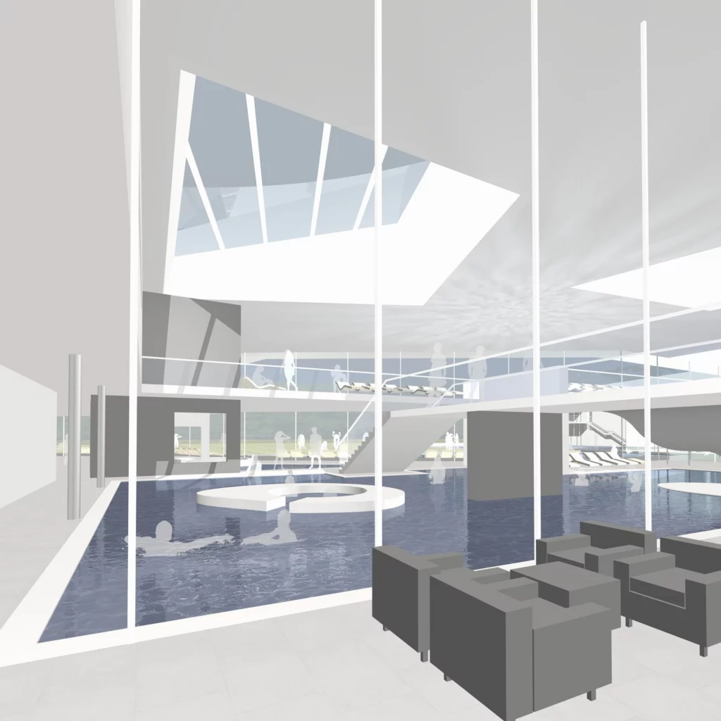 Neubau Sport- und Freizeitbad Freising Innenperspektive Blick vom Foyer