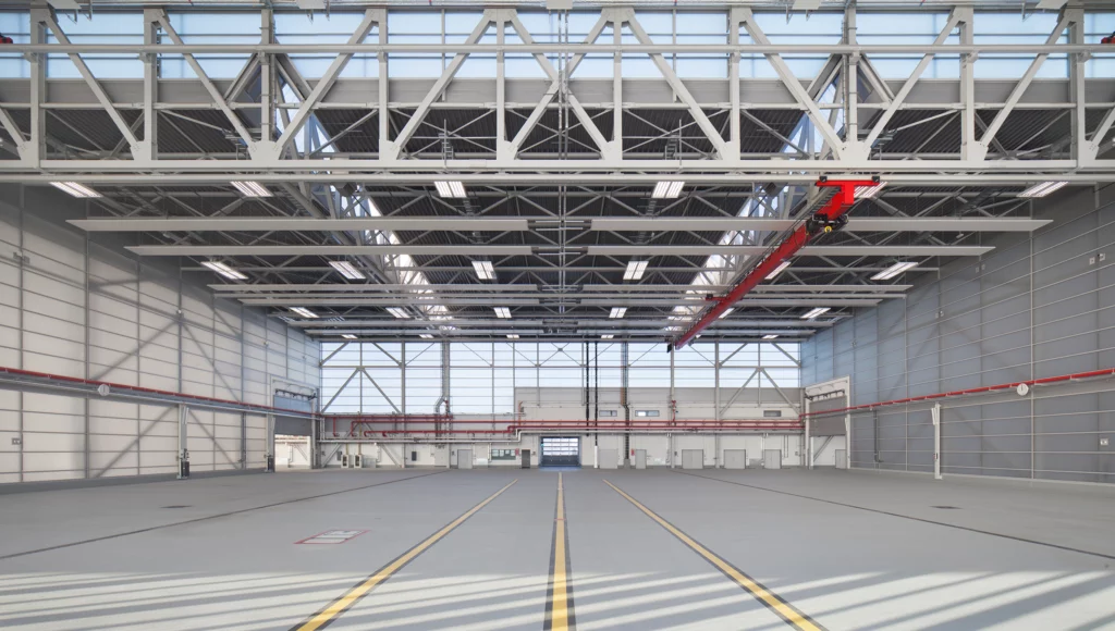 Waschhalle A400M Innenaufnahme Halle mit sichtbarem Tragwerk